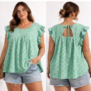 Jennifer Grace Mint Green Flutter Sleeve Eyelet Embroidery Round
Tie Back Neck